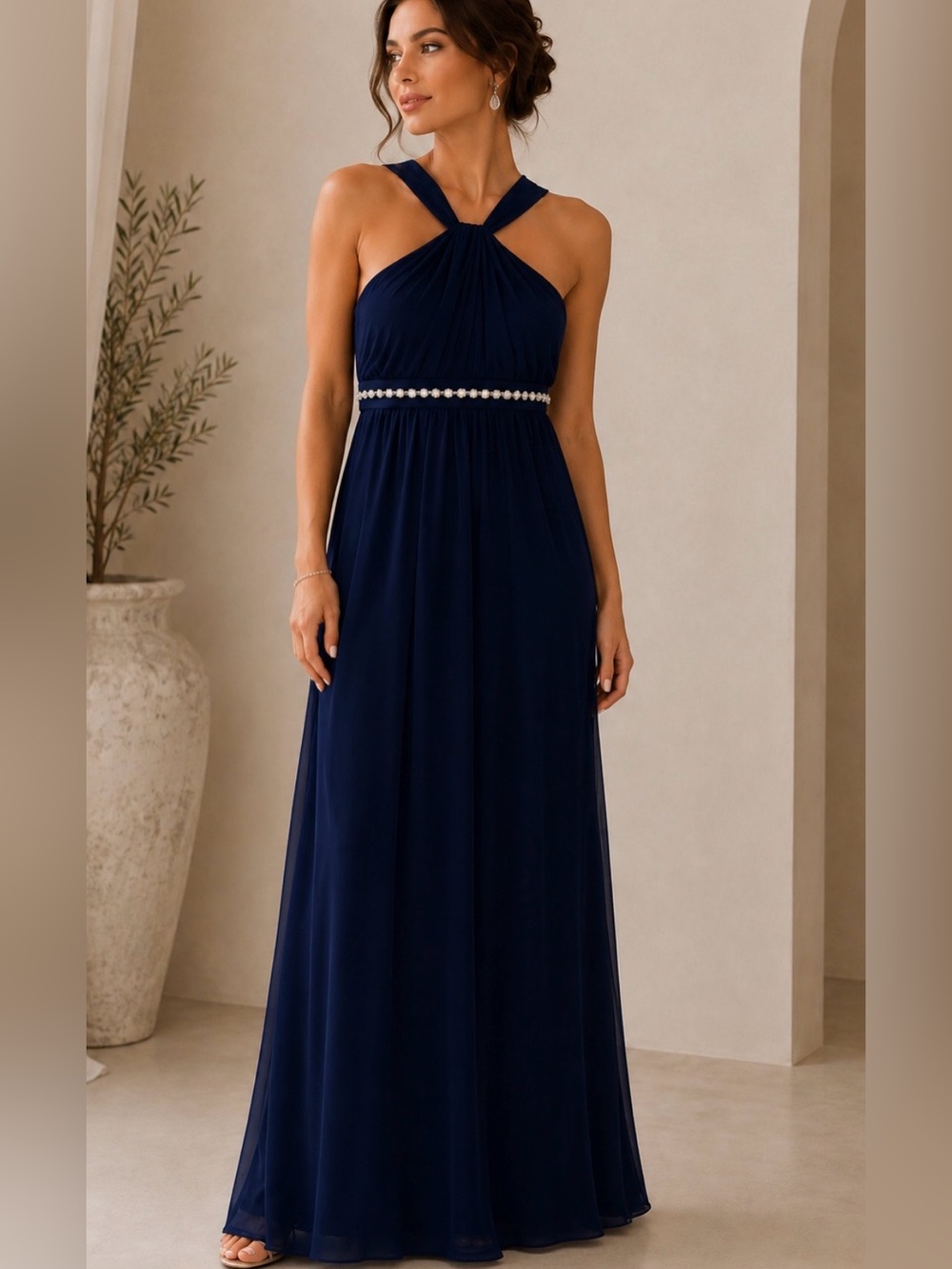 David's Bridal Navy Sleeveless Maxi with Square Back